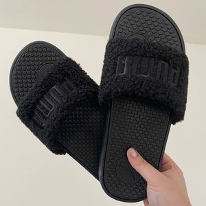 Puma Black Sherpa Slides Slippers